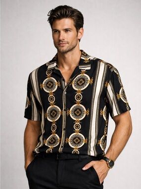 Casa Moda Couture Short‑Sleeve Button Shirt – Baroque Print – spring shirt